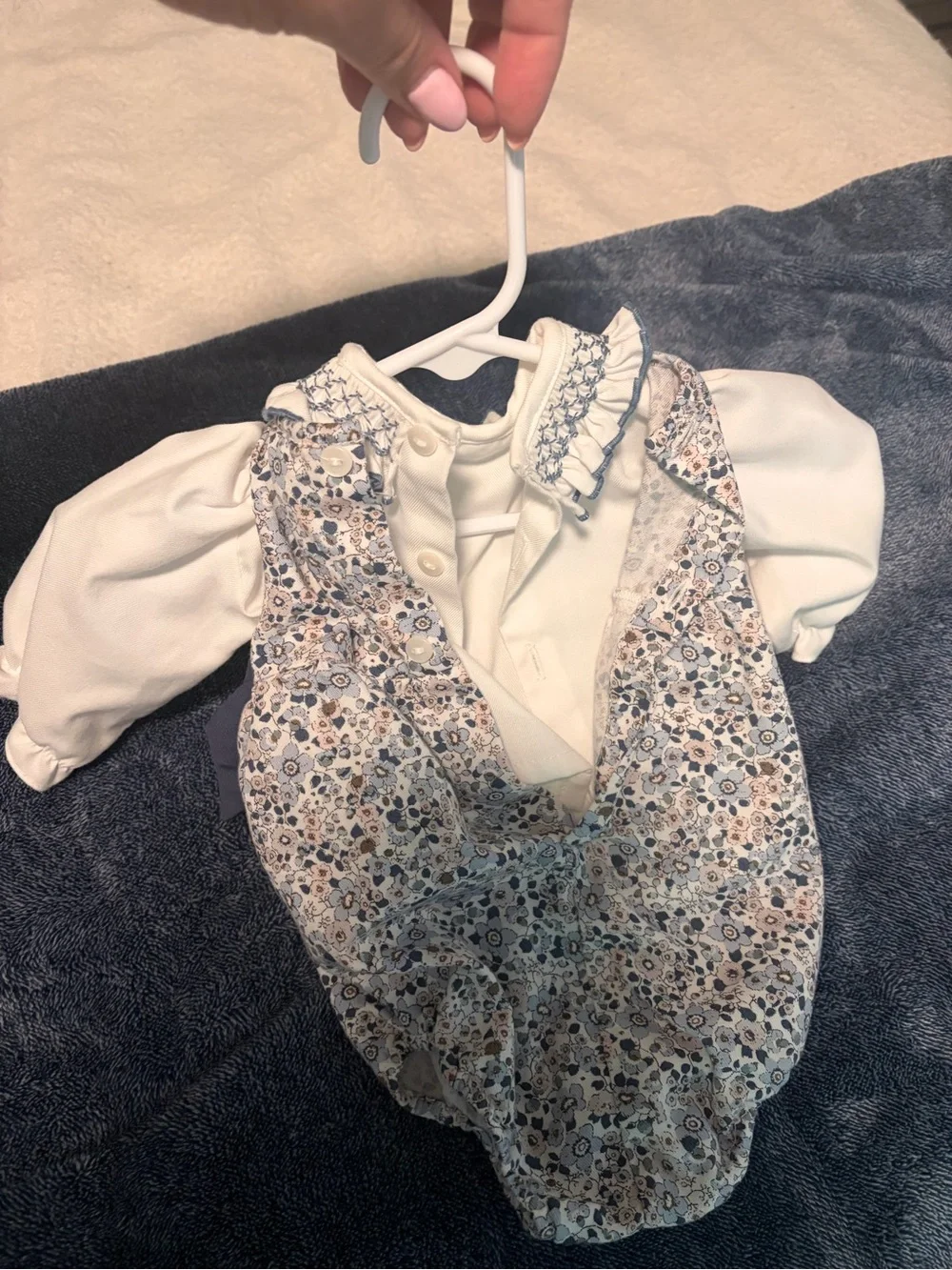 Edgehill Collection White & Navy Floral Ruffle Bodysuit